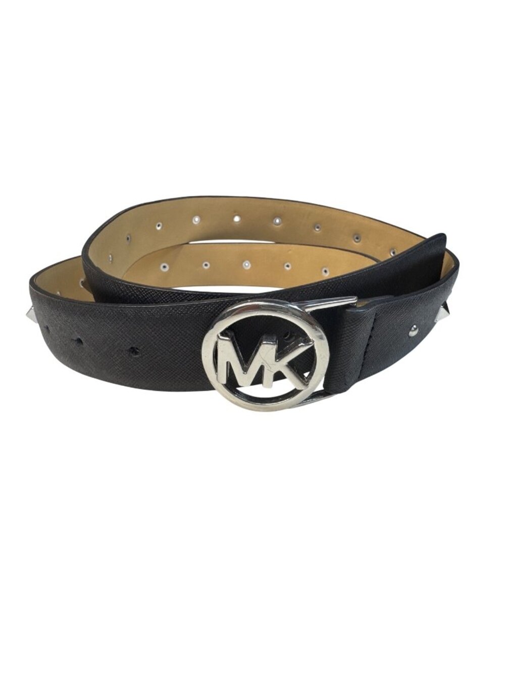Michael Kors Black Studded Leather Belt With MK Logo Buckle 1.25" Wide Adjustabl